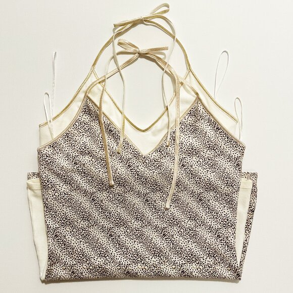 EXPRESS 2pk Metallic Abstract Animal Print + Solid Cream Halter Tops Sz S - Picture 2 of 3